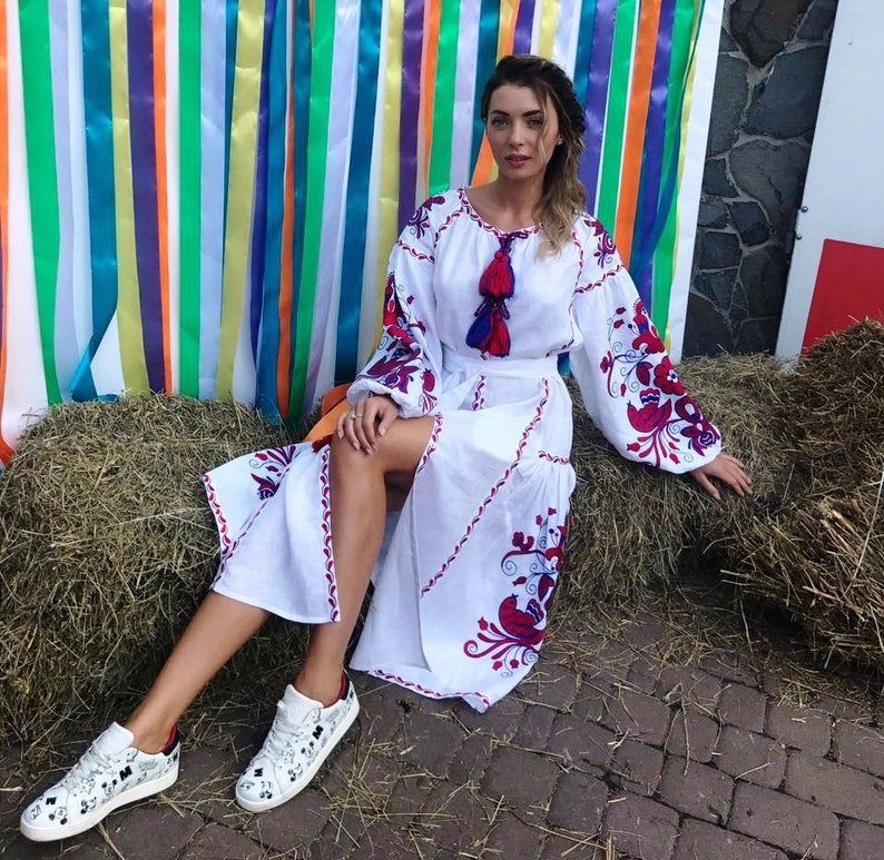 Ukraine linen embroidered dress 'Birds'  midi white kaftan with red and blue  embroidery, Ukrainan vyshyvanka dress, bohemian mexican outfit 