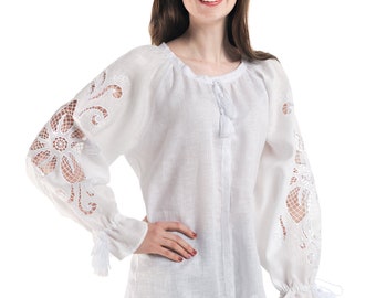 Hand cutwork embroidered linen blouse "Wonderflower" white, white embroidery, white on white pattern, custom embroidery colour