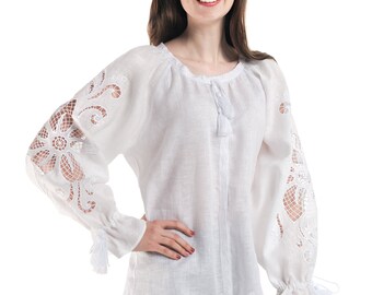 Hand cutwork embroidered linen blouse "Wonderflower" white, white embroidery, white on white pattern, custom embroidery colour