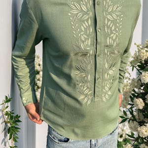 Ukrainian vyshyvanka shirt linen, ethnic pattern, olive on olive embroidery, Embroidered man shirt, Malyar top,