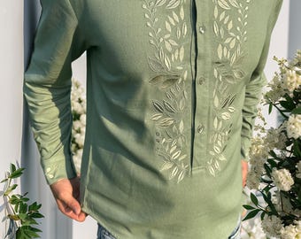 ウクライナのヴィシヴァンカシャツ、リネン、エスニック柄、オリーブオンオリーブ刺繍、刺繍入りメンズシャツ、マリャールトップ、