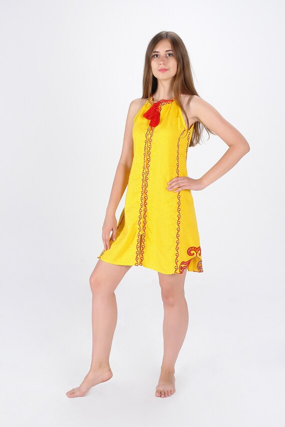 Embroidered Linen Mini Tank Dress: Yellow Cutwork Sleeveless Top