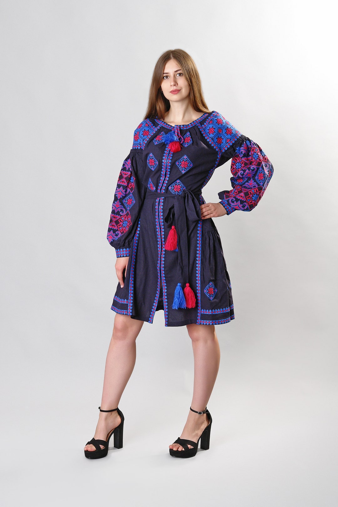 Linen Embroidered Dress Mini Navy, Ukrainian Ethnic Custom Dress Blue and  Red Embroidery on Navy Linen, Gift for Her, Boho Dress Navy - Etsy