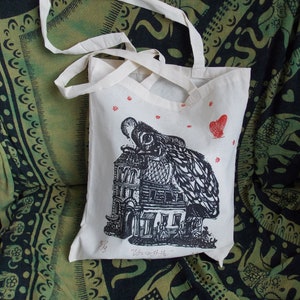 Canvas printed tote bag Uzviz , Insect canvas bag linocut printed graphic, Cotton bag shopping Authorized handmade ptint image 1