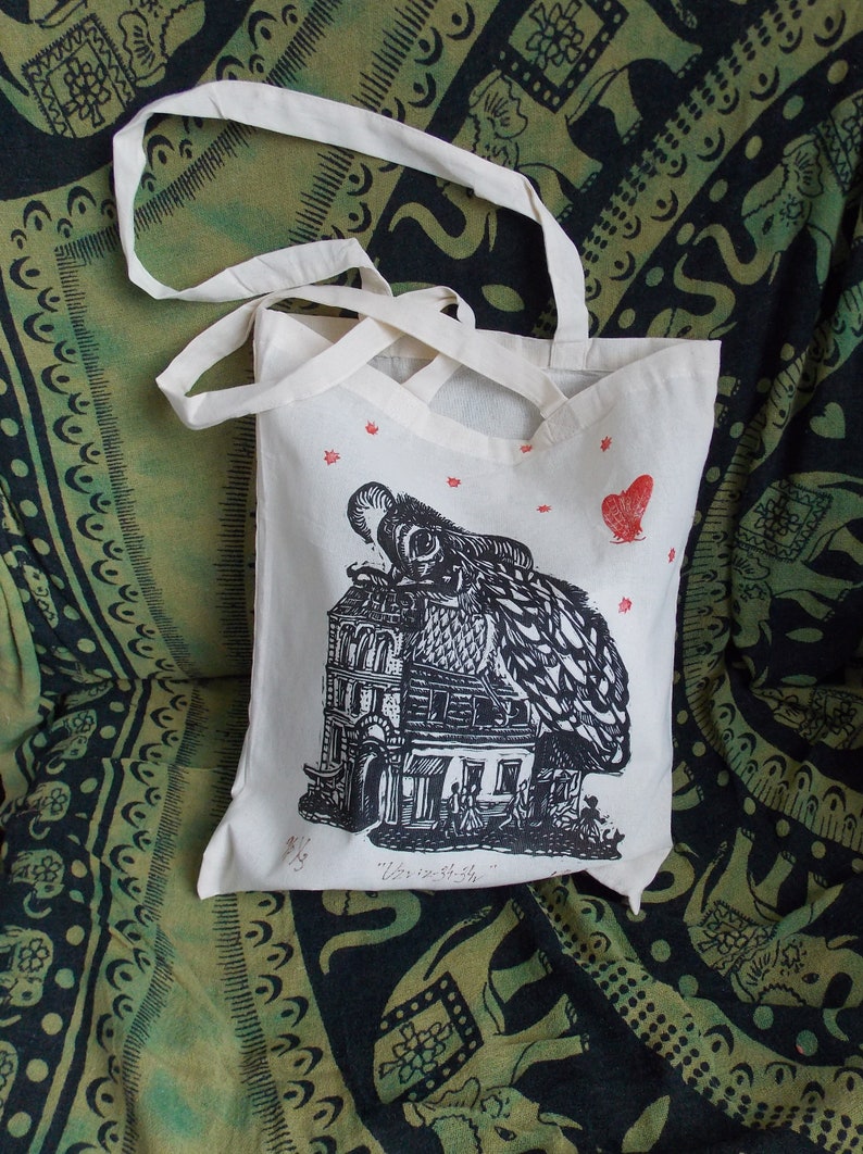 Canvas printed tote bag Uzviz , Insect canvas bag linocut printed graphic, Cotton bag shopping Authorized handmade ptint image 1