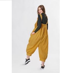 Linen Harem Jumpsuit: Loose Fit Washed Romper with Pockets