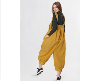 Linen Harem Jumpsuit: Loose Fit Romper with Large Pockets | Linen Dungarees | Yellow Overalls | Gift for Her
