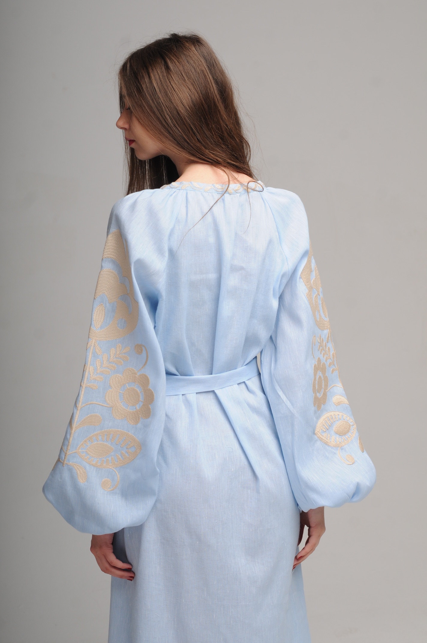 Blue linen embroidered dress Ruzha maxi Etsy