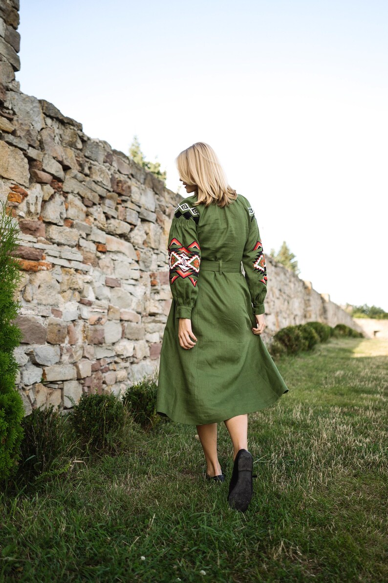 Ukrainian Embroidered Linen Dress Olive Maxi, Ukrainian Ethnic Dress ...
