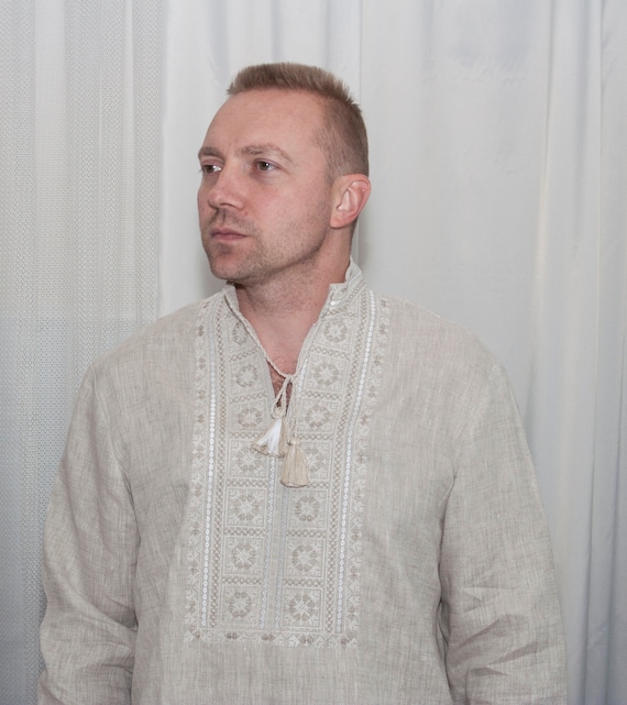Men's Ukrainian Vyshyvanka Shirt, Beige Linen, Folk Embroidery, Long Sleeve Gazda Shirt