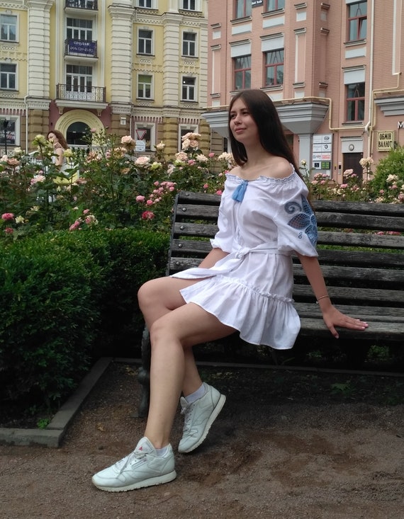 Linen Cutwork Embroidered Mini Dress: Off-Shoulder Floral Dress | Resort Outfit | Gift for Her