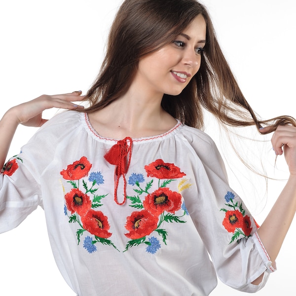 Batiste embroidered blouse "Poppy flowers",  traditional multycolour satin stich embroidery, Ukranian ethnic pattern, vyshyvanka blouse kyiv