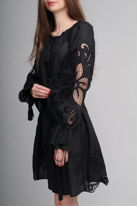 Linen Cutwork Embroidered Mini Dress wonderflower Black Richelieu Linen Outfit Gothic Black Embroidered Mini Dress Exclusive Prom Dress Etsy UK