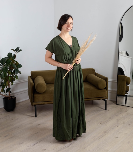 dark olive green maxi dress Dark Olive Maxi Dress: Lightweight Viscose Cotton Loose Fit Tunic