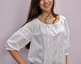 brodée, ukrainienne vintage | Vyshyvanka en coton blanc | Haut folk bohème | Cadeau pour elle