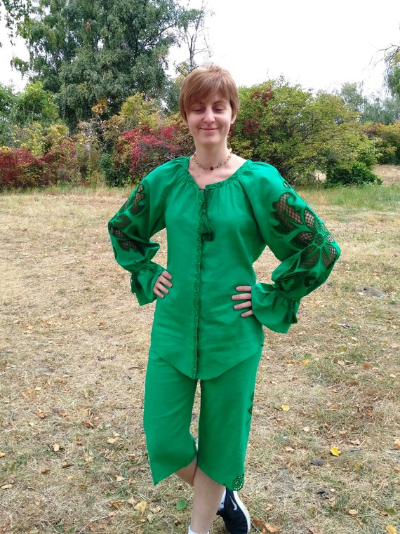 Linen Cutwork Embroidered Blouse wonderflower Green, Custom 