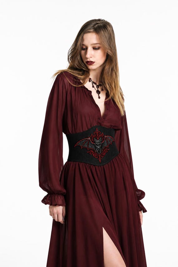 Burgundy Gothic Maxi Corset Dress, Rayon Challis Long Sleeve Dress with Slit, Witchy Boho Gown, Dark Academia Vampire Clothing