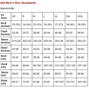 May include: A size chart titled "USA Men's Size Standards" with measurements in inches and centimeters. The chart includes sizes XS to XXXL, detailing neck, chest, sleeve, and waist measurements for each size.