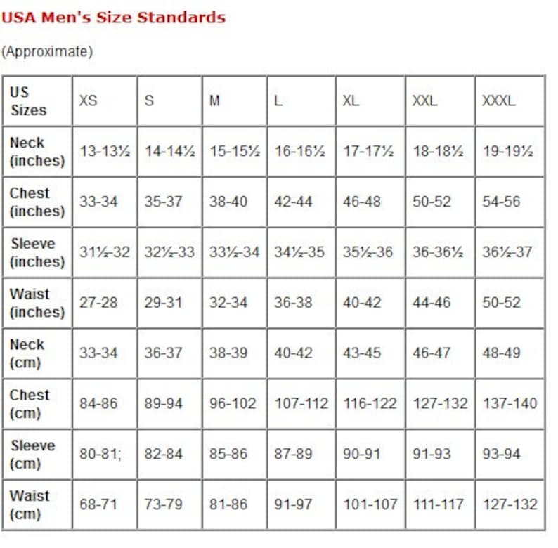 May include: A size chart titled "USA Men's Size Standards" with measurements in inches and centimeters. The chart includes sizes XS to XXXL, detailing neck, chest, sleeve, and waist measurements for each size.
