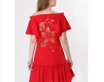 Hand cutwork embroidered midi dress "Wonderflower" red, off-shoulders dress , Floral open back dress Ruffled linen dress  Frilled dress