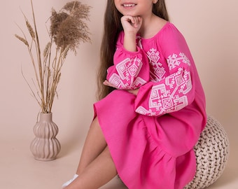Vyshyvanka dress for girl with traditional  Ukranian ethnic pattern, Gift for girl, Gift for daughter, Girls embroidered linen dress