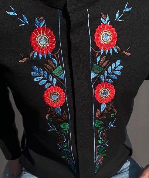 Embroidered Ukrainian Vyshyvanka Linen Shirt, Floral Pattern, Band