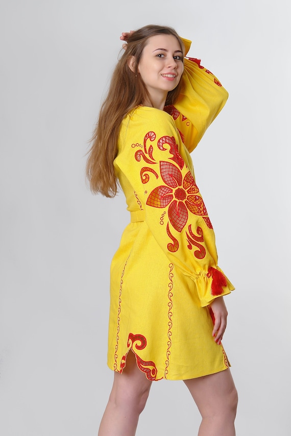 Linen Cutwork Embroidered Mini Dress "wonderflower" Yellow, Red Embroidery,  Ukrainian Vyshyvanka Dress, Gift for Her - Etsy