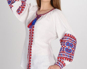 Linen embroidered blouse "Carpathians flowers"  white kaftan, multycolour embroidery and embroidered cuffs  Ukraine embroider blouse