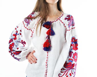 Blouse en lin brodée « Oiseaux », vyshyvanka traditionnelle ukrainienne, manches bouffantes