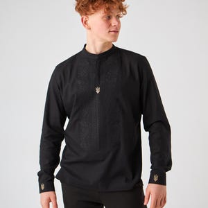 Ukrainian shirt man embroidered, Ukrainian vyshyvanka black on black embroidery, Gift for Him, vyzerunok shirt, Ukrainian black shirt