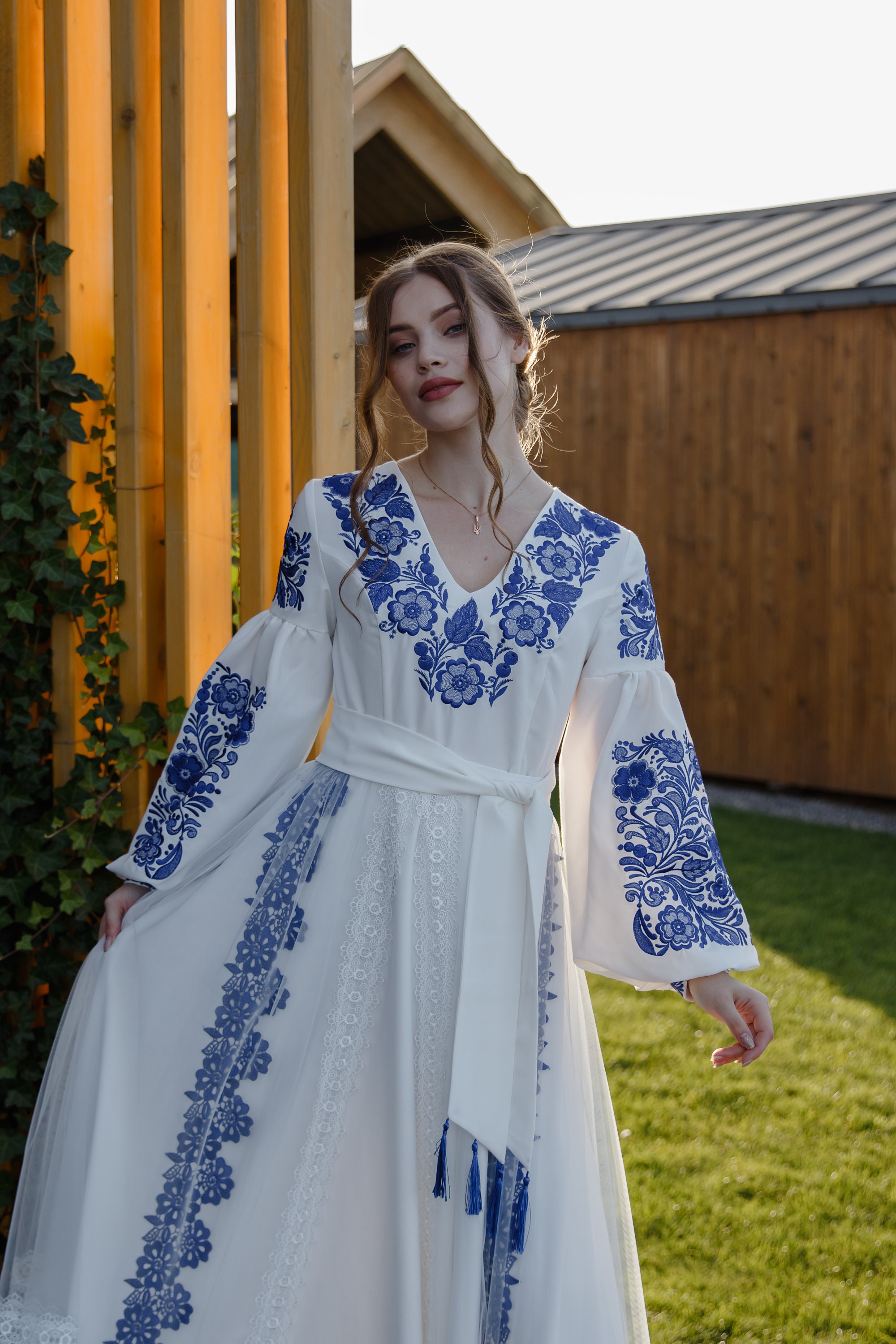 green emerald velvet dress Fashion Embroidered Wedding Dress Ukrainian Vyshyvanka Robe L / Ivory / Midi