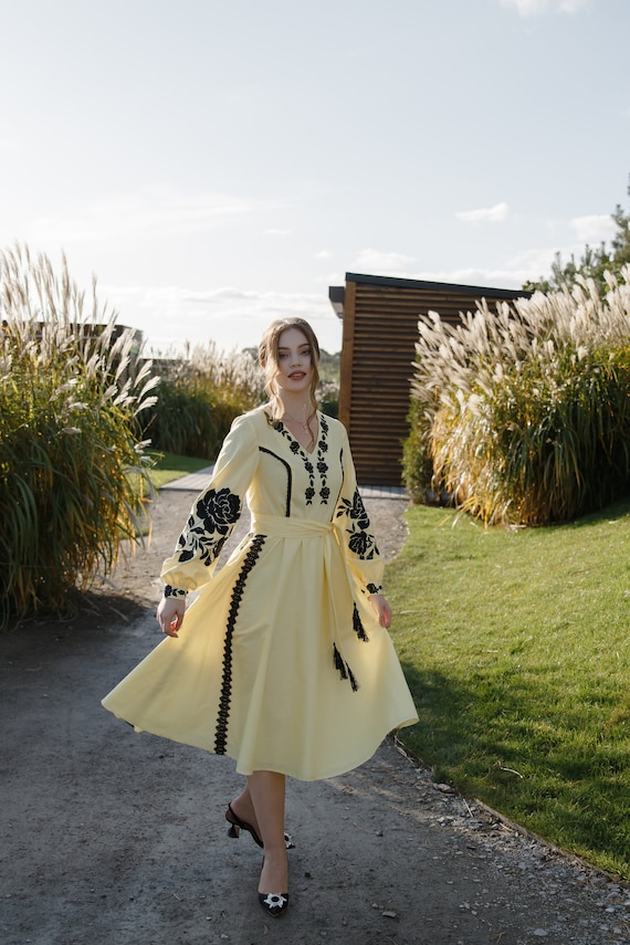 women's embroidered summer dress Skyraze Women's Vintage Cottagecore Embroidered Chiffon Beige Floral Daisy Midi Dress, Summer Beach Vacation Holiday Casual Party Picnic Elegant Luxury