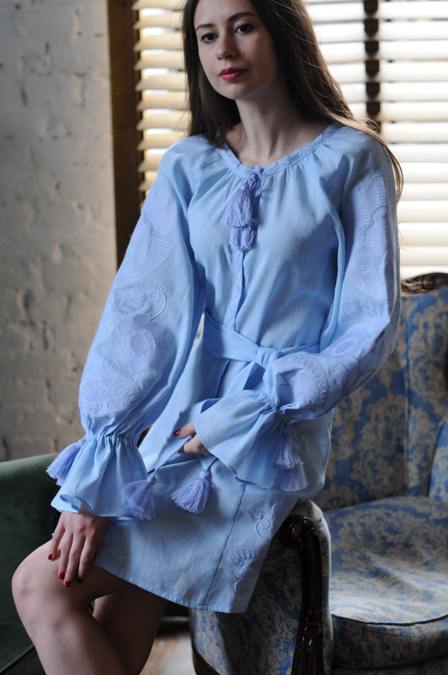 Blue Linen Embroidered Dress ruzha Mini Ukrainian Etsy