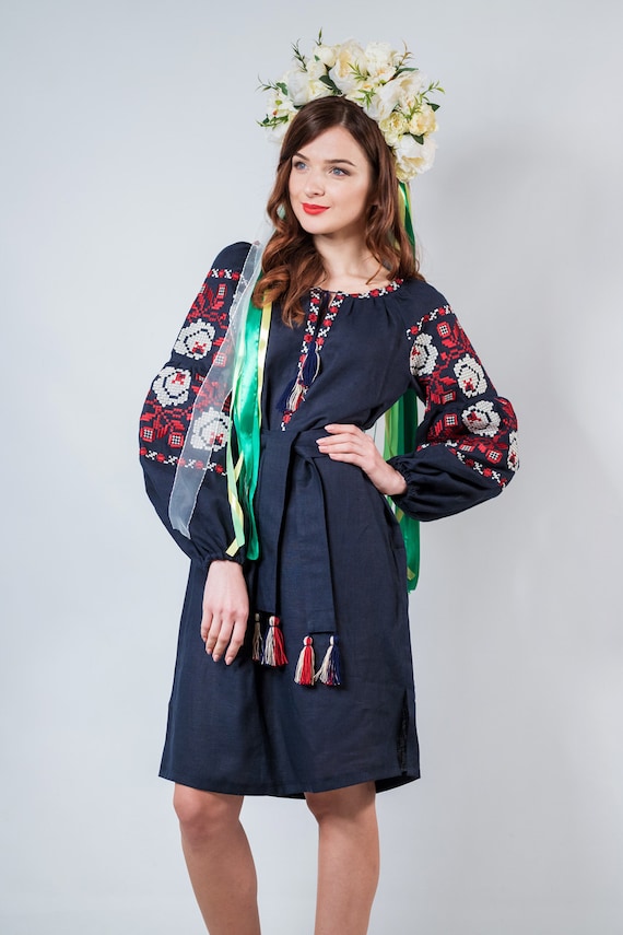 Linen Embroidered Dress Midi Ukrainian Ethnic Dress With | Etsy