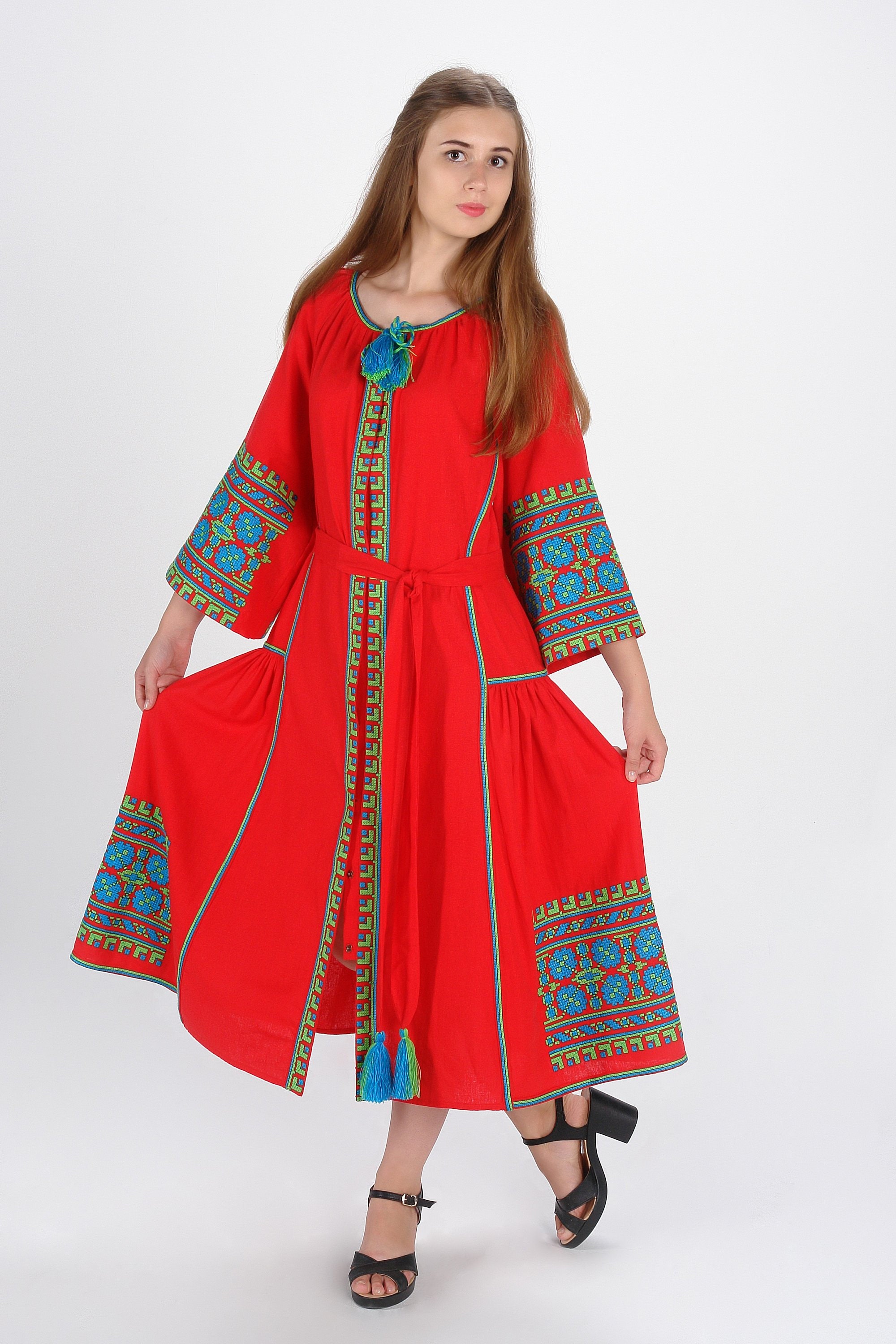 Red Linen Embroidered Dress "Carpathians Flowers" | Modern Ukranian Vyshyvanka Gift For Her