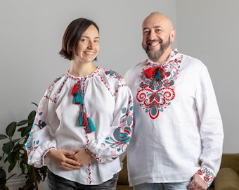 Chemises de couple brodées ukrainiennes | Ensemble vyshyvanka couleur de Noël | Chemisier et chemise folkloriques en lin rouge vert | Chemises de Noël pour couple