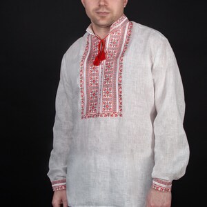 Men's Ukrainian Vyshyvanka Shirt, Beige Linen, Folk Embroidery, Long Sleeve Gazda Shirt image 10