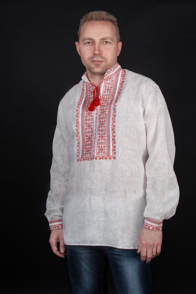 Men's Ukrainian Vyshyvanka Shirt, Beige Linen, Folk Embroidery, Long Sleeve Gazda Shirt image 10