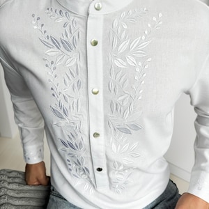 Ukrainian vyshyvanka shirt linen, ethnic pattern, white on white embroidery, Embroidered man shirt, Malyar top,
