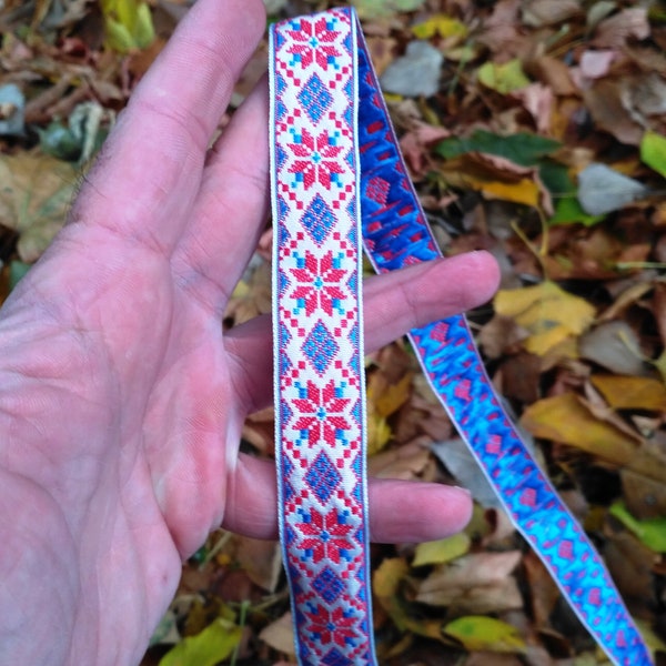 Jacquard ribbon trim, blue  and red geometric embroidery trim, Ukrainian ethnic ribbon,  width 0.8"