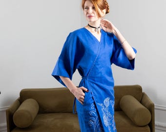 Embroidered Crane Linen Kimono Dress: Japanese Style Wrap Robe | Summer Wrap Dress Blue | Japan Tunic