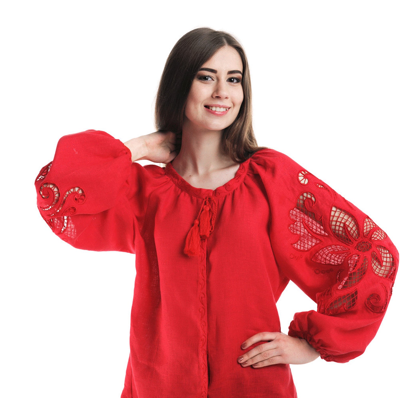 Artisanal Embroidered Blouse 100% Cotton Red 603967 main image 0