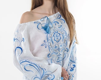 Ukrainische Weiß Leinen Bluse bestickt ""Kräuter"" : Traditionelle mehrfarbige Stickerei | Vyshyvanka Hemd , Ukrainisch Vyshyvanka