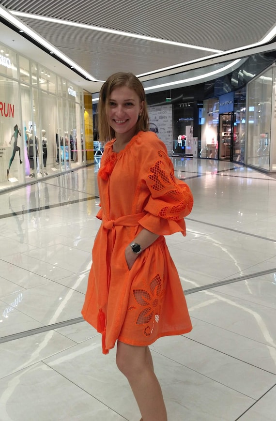 Handmade Linen Mini Dress: Orange Embroidered Cutwork Richelieu Outfit