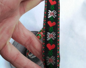 Jacquard ribbon trim, black and green red embroidery trim, hearts pattern, Ukrainian ethnic ribbon,  width 0.8"