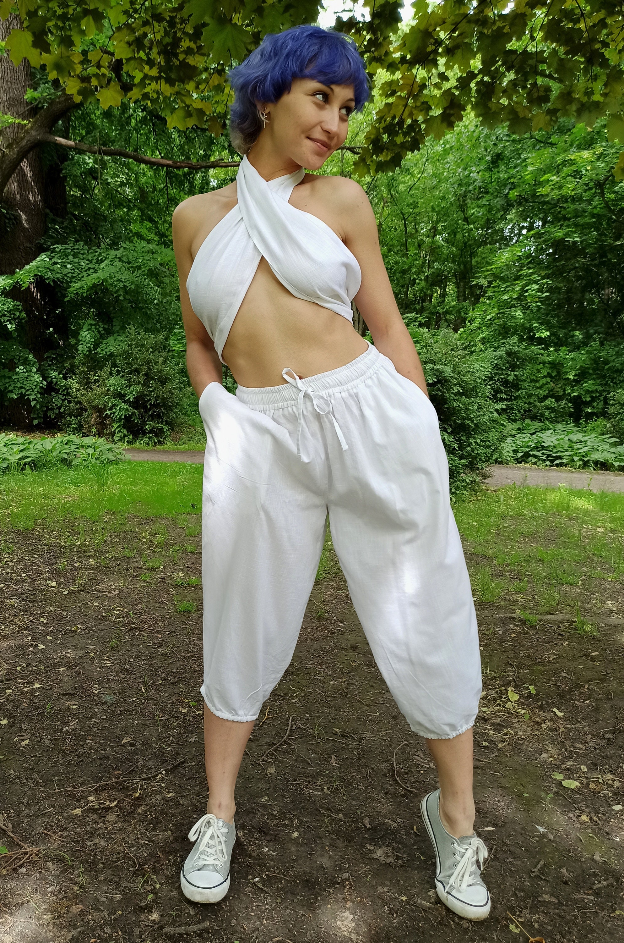 Tie Up Backless Crop Top & Harem Long Pants