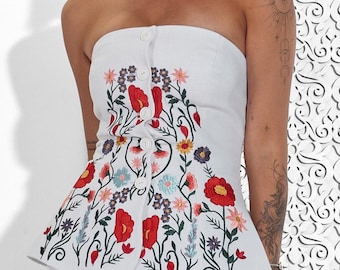 Embroidered Linen Corset Top, Vyshyvanka Floral Bustier | Kod shirt | Gift for Her | Floral Peplum Top