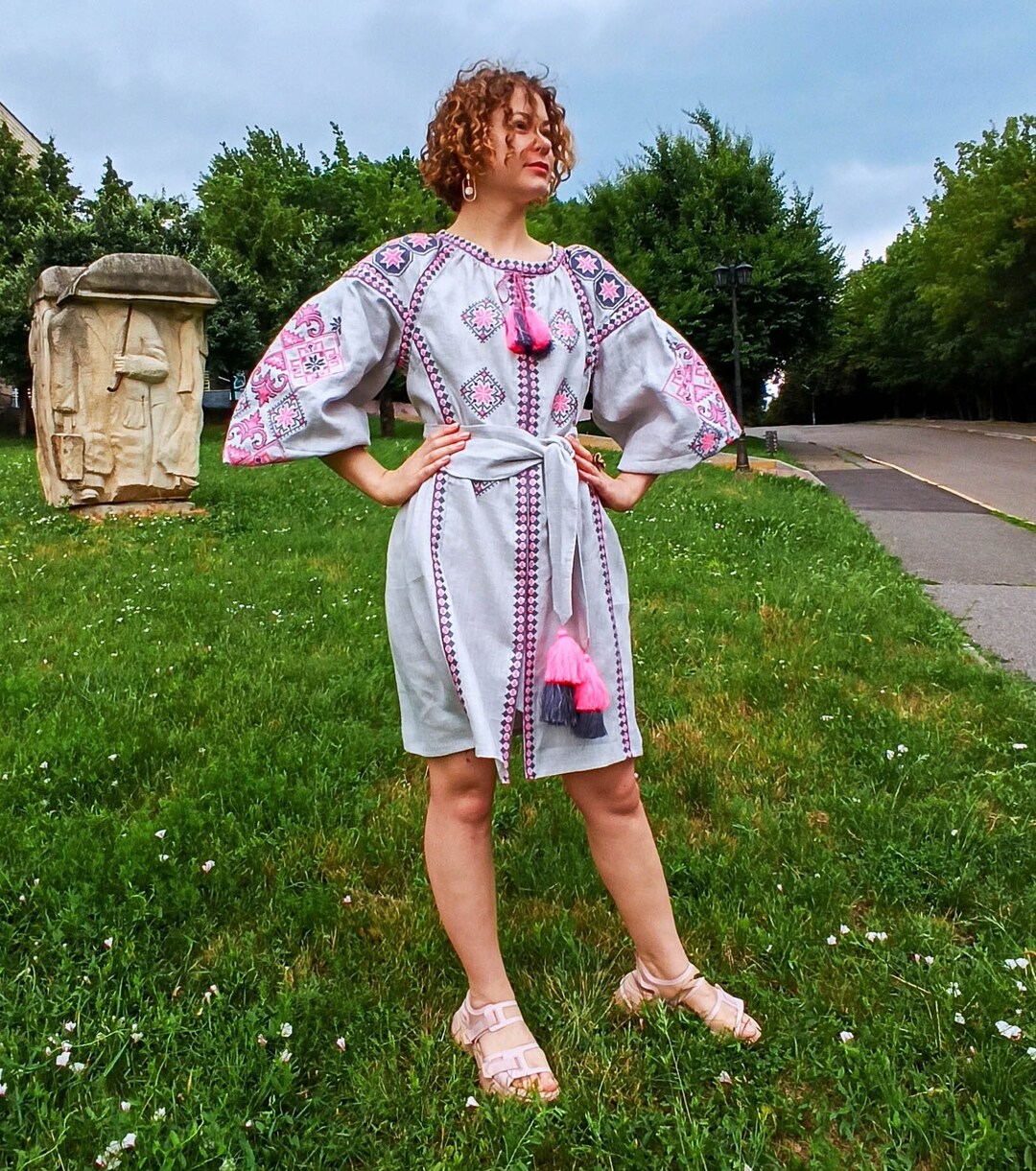 Gray Ukrainian Embroidered Vyshyvanka Linen Dress - Boho Folk Style main image 0