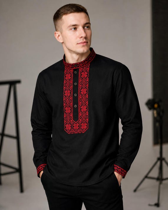 Black Men's Traditional Ukrainian Cotton Vyshyvanka Shirt, Ethnic
