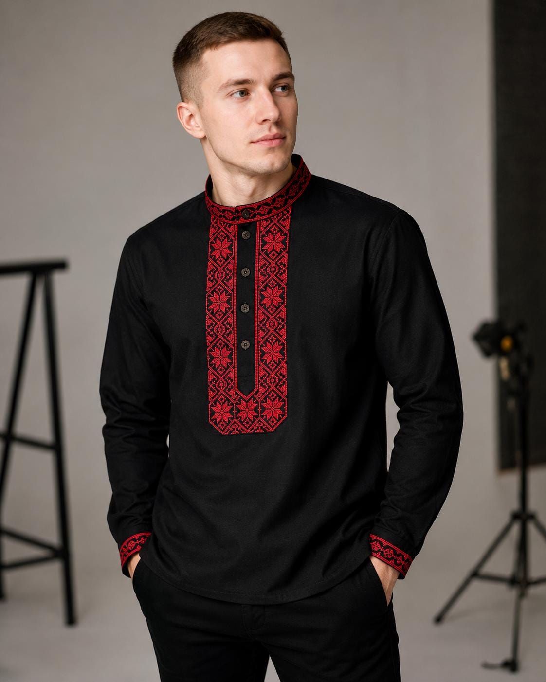 Black Men's Traditional Ukrainian Cotton Vyshyvanka Shirt, Ethnic
